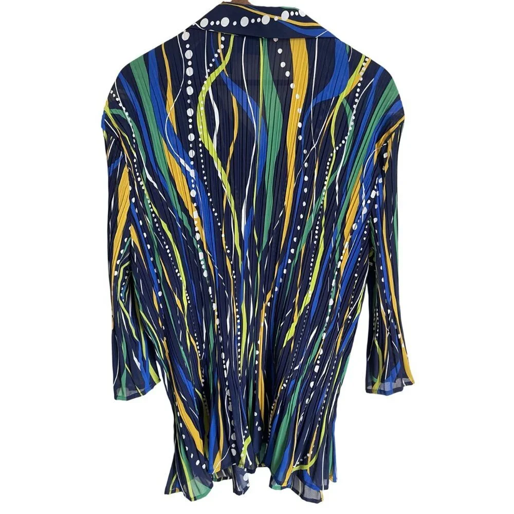 Maggie Barnes 1X Crinkle Collared Button Front Long Sleeve Shirt Cobalt Blue Yel